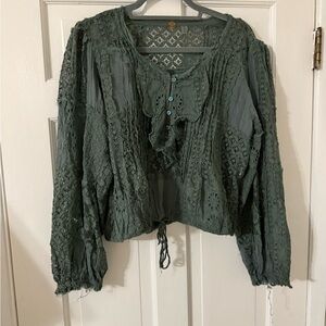 Free People Forest Green Lace Blouse